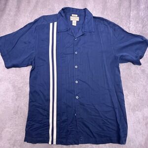 Boca Classics Silk Shirt Mens Large Blue Excellent Herringbone Stripe Bowling